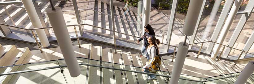 students walking on campus stairs